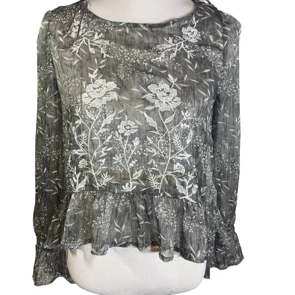 A. CALIN Los Angeles Gray White  Floral Lace Ruffle Blouse Sheer Women’s Sz M - Picture 1 of 6